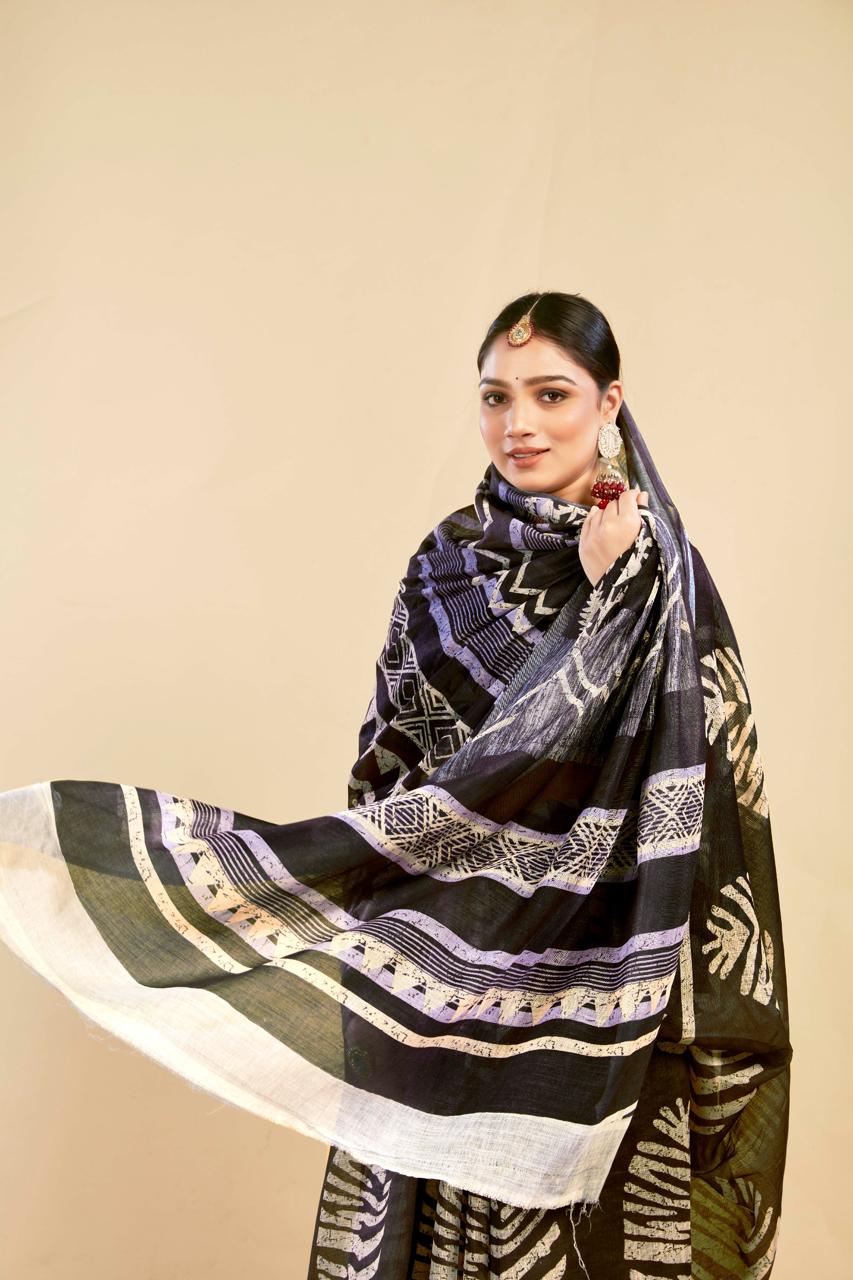 Mehndi Green Cotton Linen Saree with Digital Floral Print
