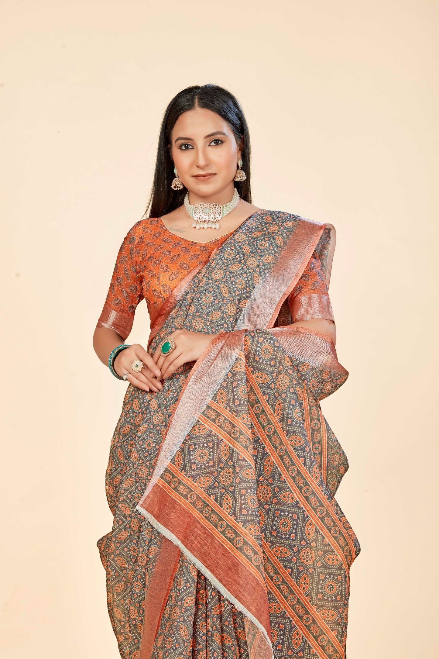 Elegant Orange Mix Cotton Linen Saree with Digital Print Design