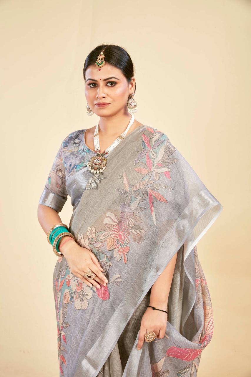 Elegant Grey & Khakhi Cotton Linen Saree with Floral Digital Print