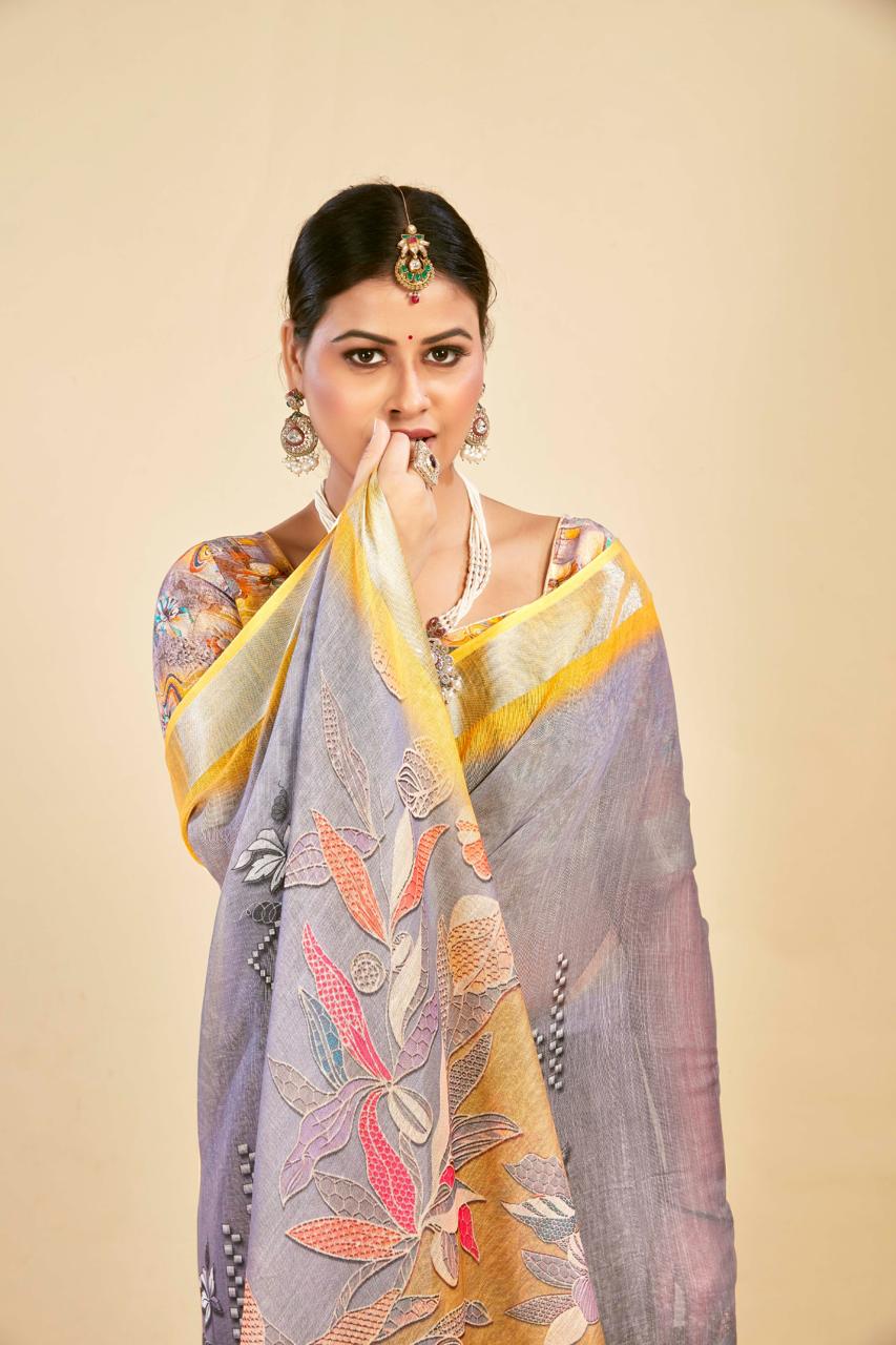 Graceful Grey & Yellow Cotton Linen Saree with Floral Digital Print