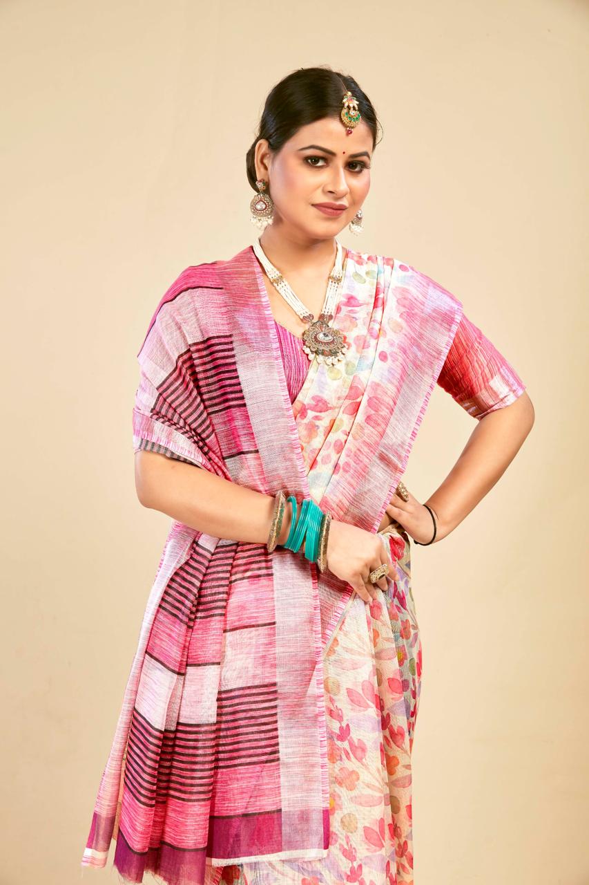 Charming Gulabi Cotton Linen Saree with Floral Digital Print