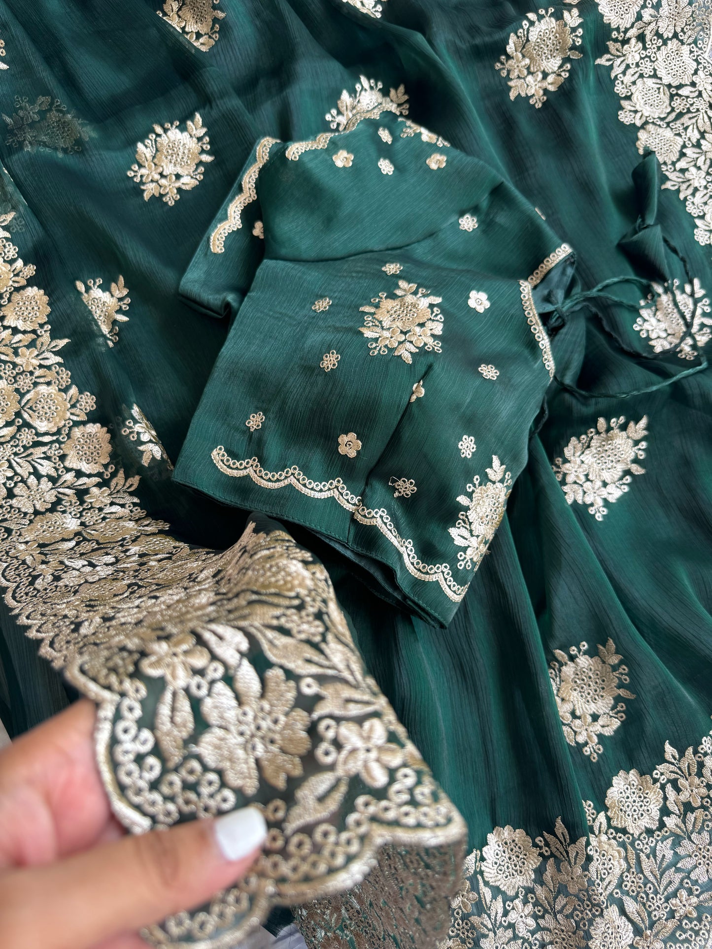 Imperial Emerald Jimmy Choo Saree with Grand Silver Zari Scalloped Borders