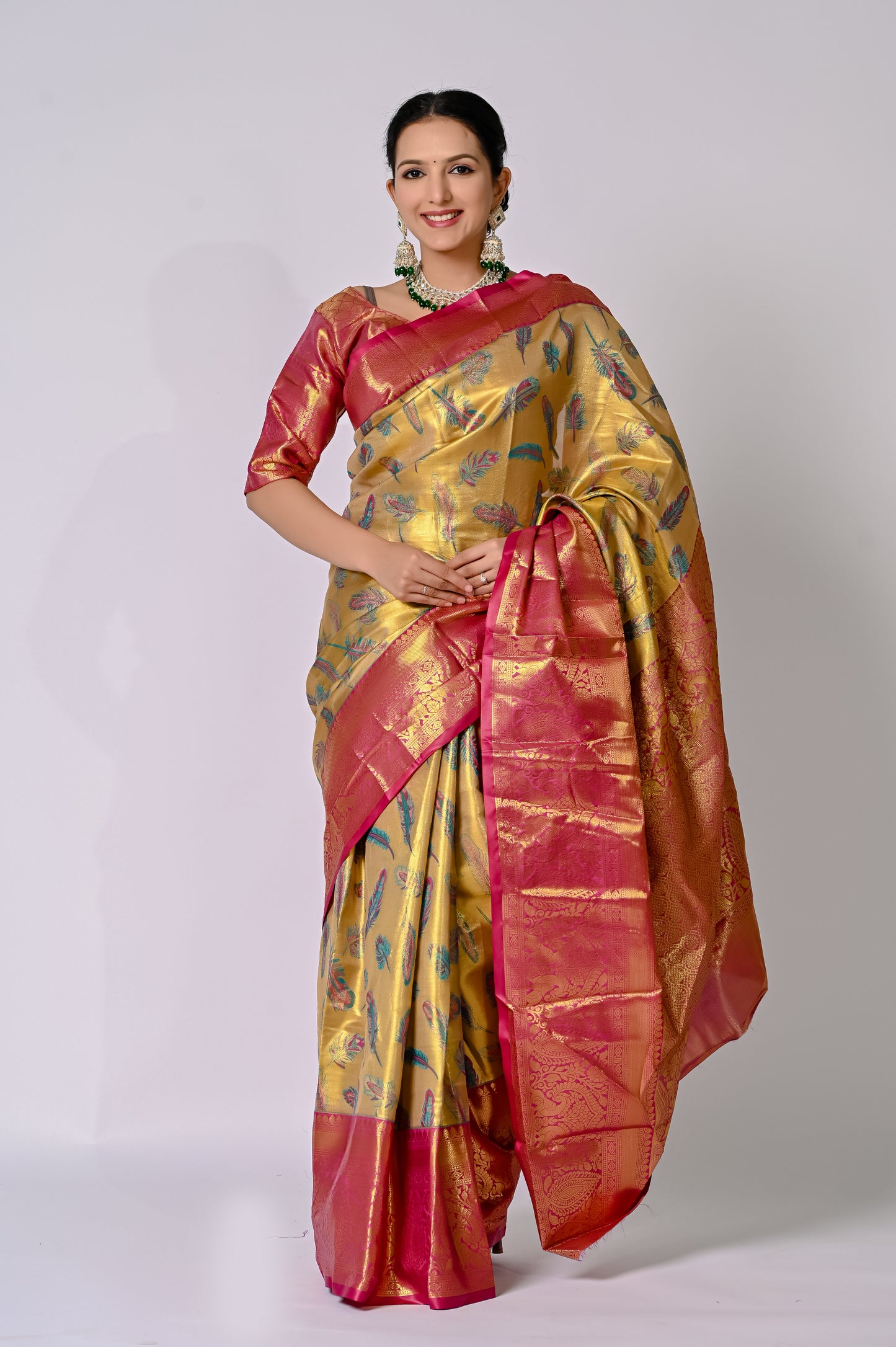Golden Peacock Feather Banarasi Jaquard Silk Saree