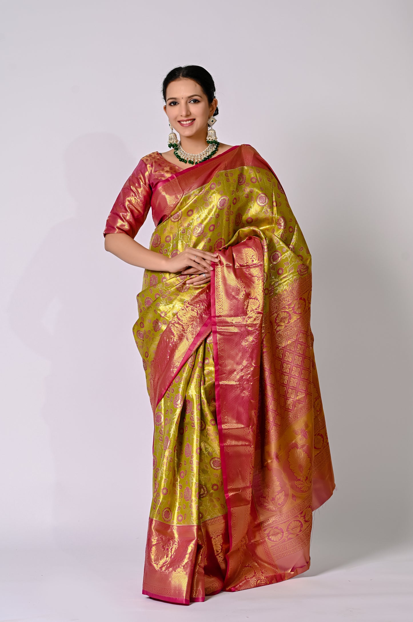 Royal Chartreuse Banarasi Silk Saree with Rani Pink Contrast