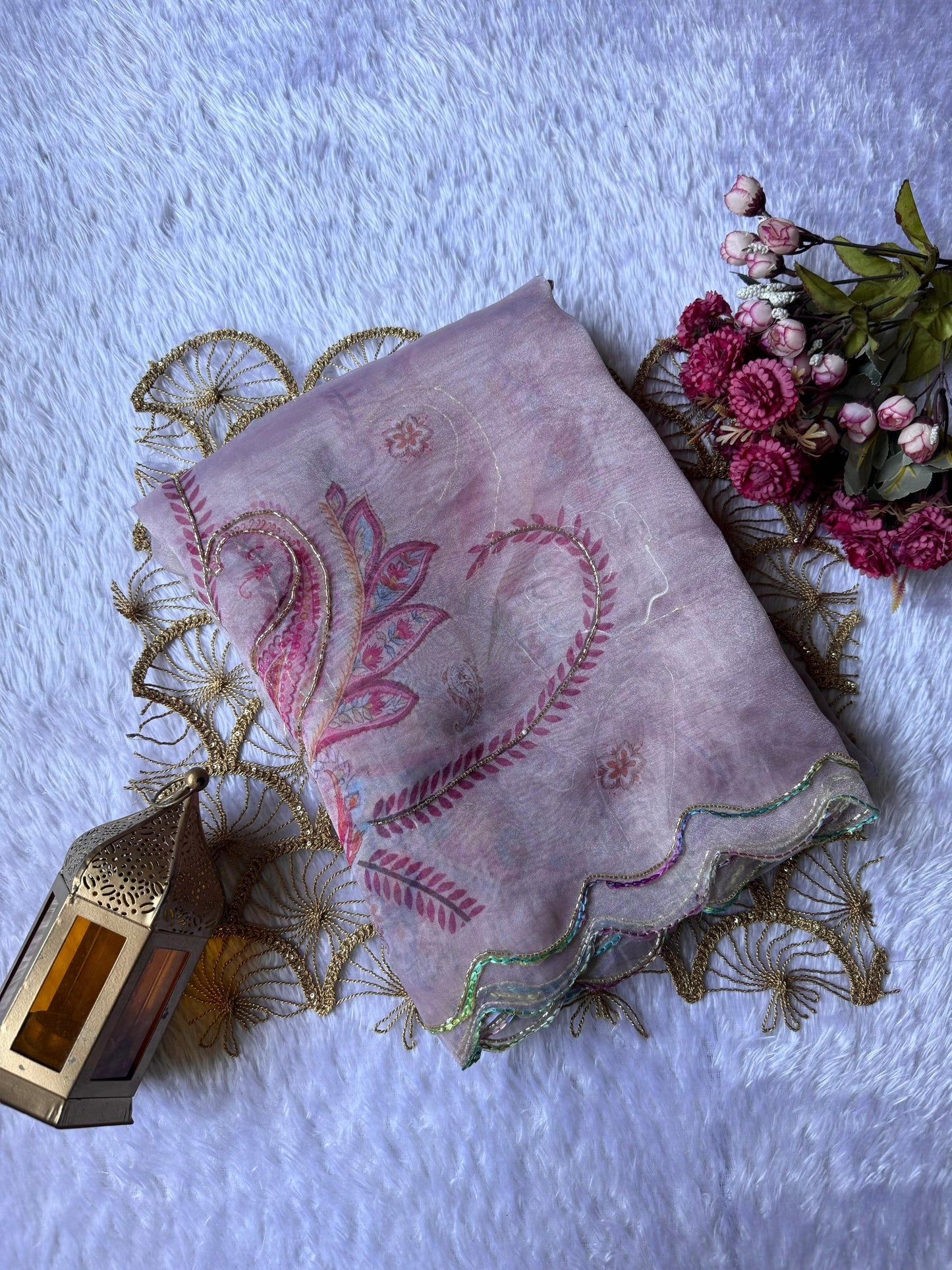 Light Pink Digital Print With Foil Poly Organza Saree