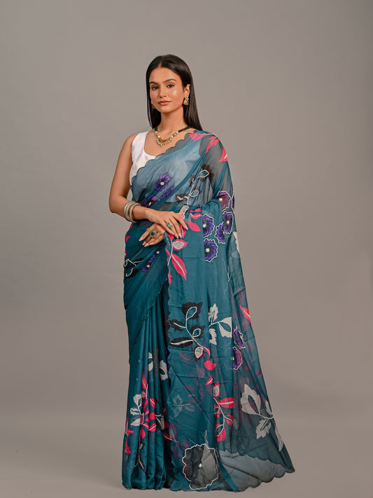Ethereal Teal Floral Teby Organza Saree