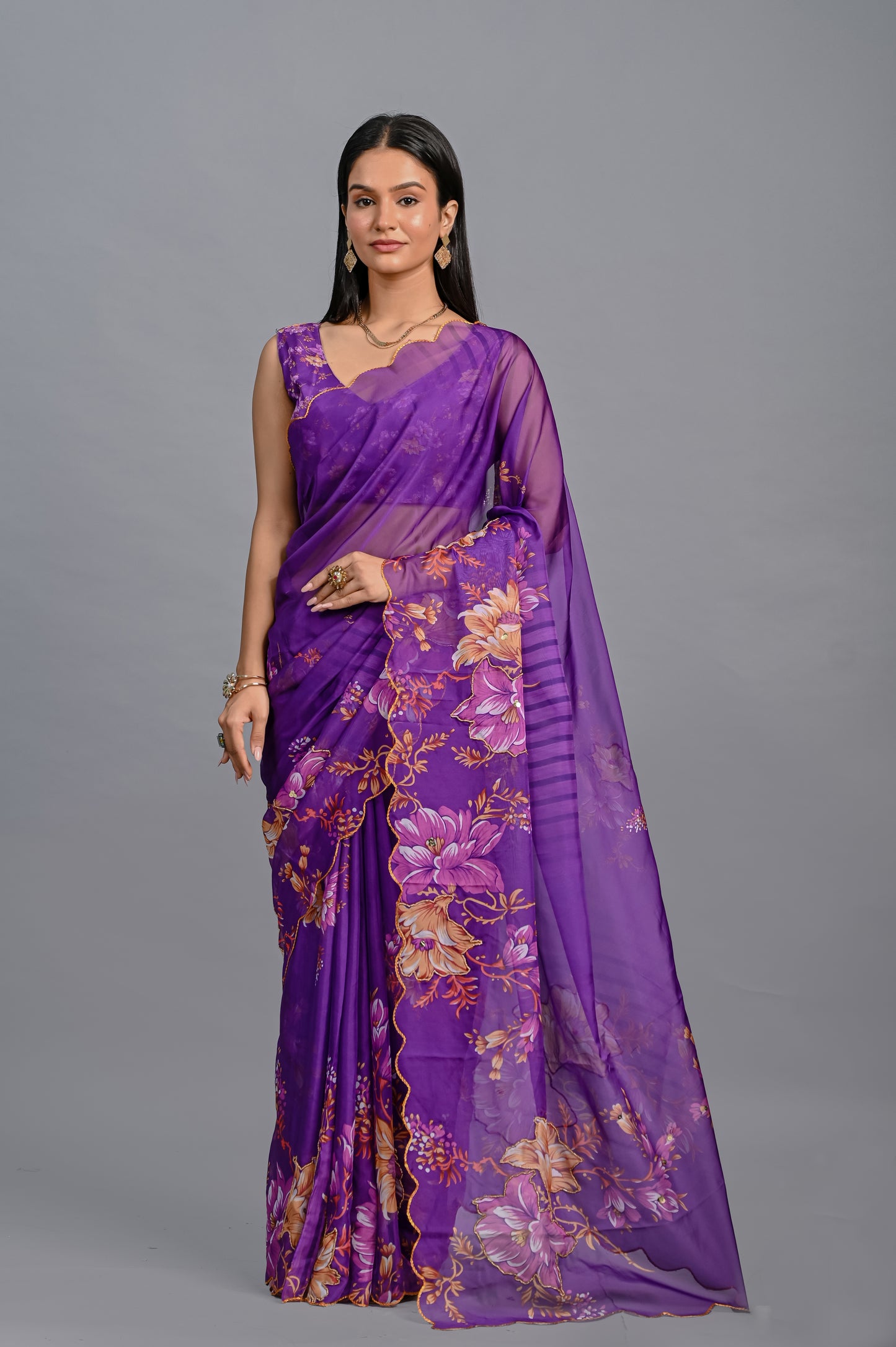 Floral Teby Organza Saree with Sequin-Embellished Scalloped Borders