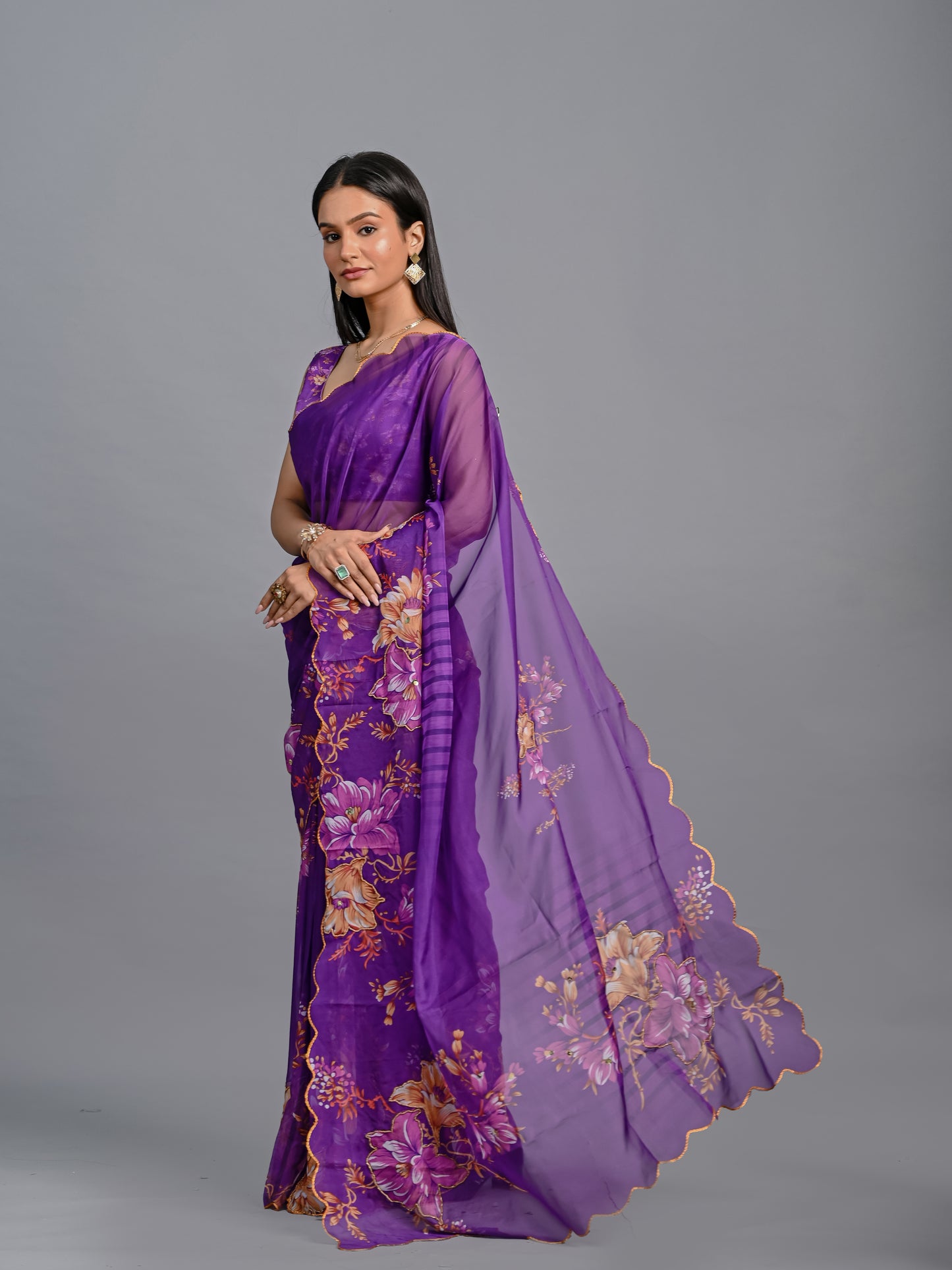 Floral Teby Organza Saree with Sequin-Embellished Scalloped Borders