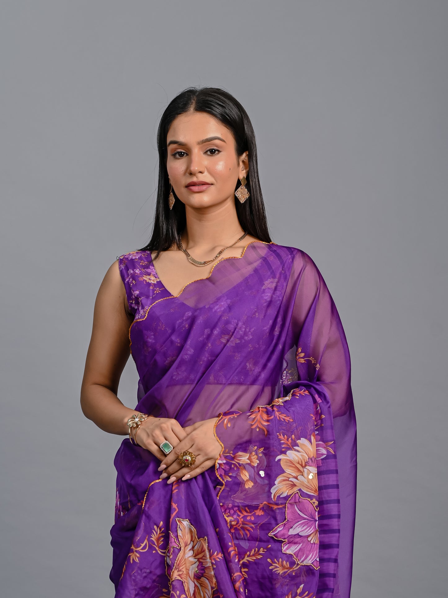 Floral Teby Organza Saree with Sequin-Embellished Scalloped Borders