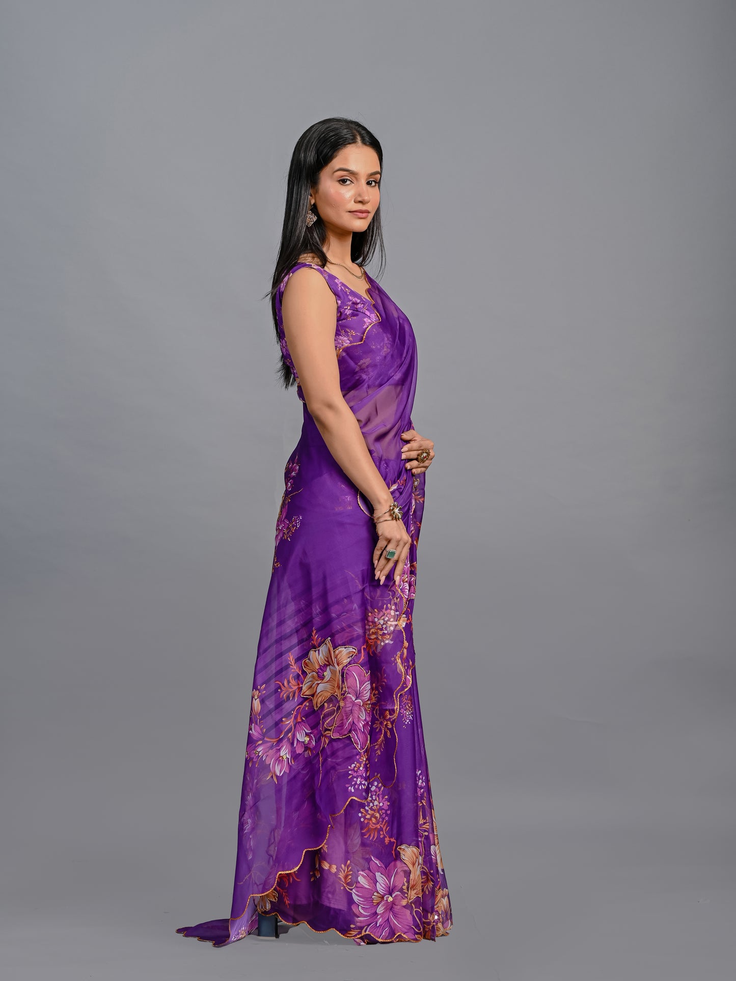 Floral Teby Organza Saree with Sequin-Embellished Scalloped Borders