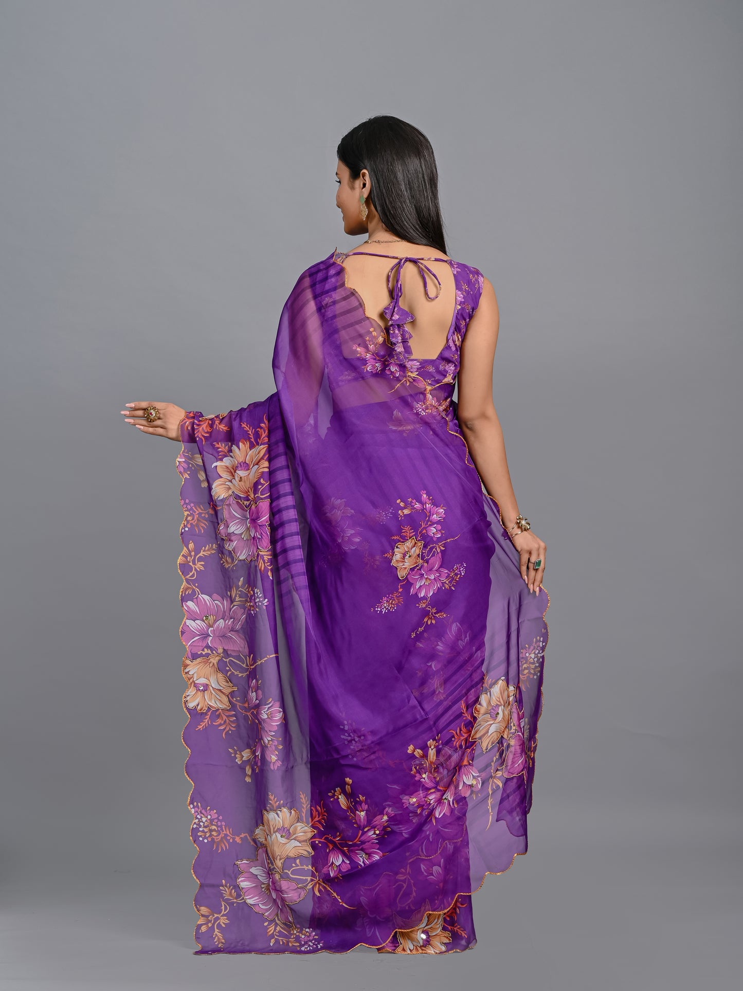 Floral Teby Organza Saree with Sequin-Embellished Scalloped Borders