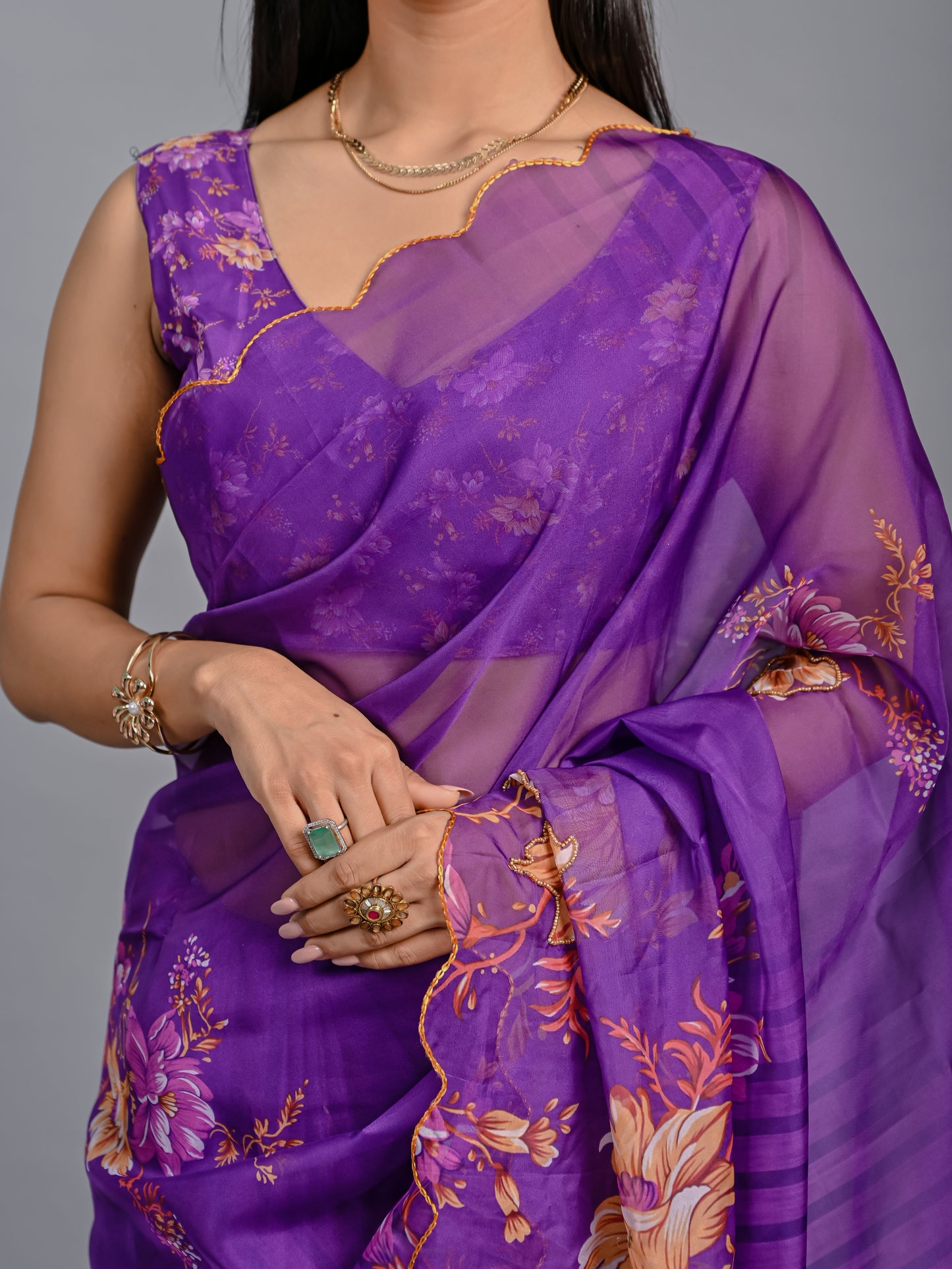 Floral Teby Organza Saree with Sequin-Embellished Scalloped Borders