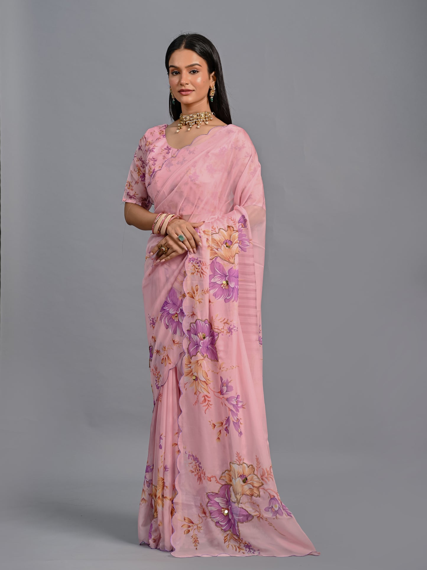 Floral Teby Organza Saree with Sequin-Embellished Scalloped Borders