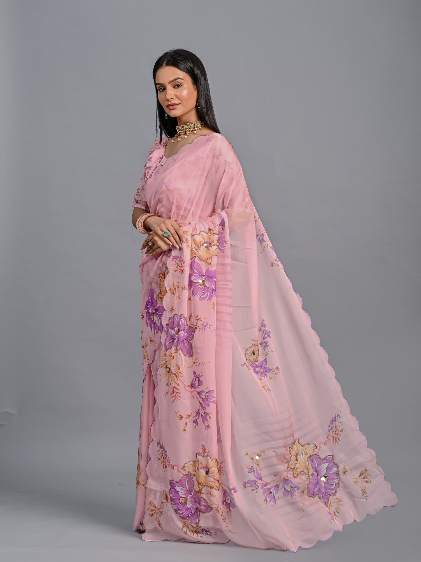 Floral Teby Organza Saree with Sequin-Embellished Scalloped Borders