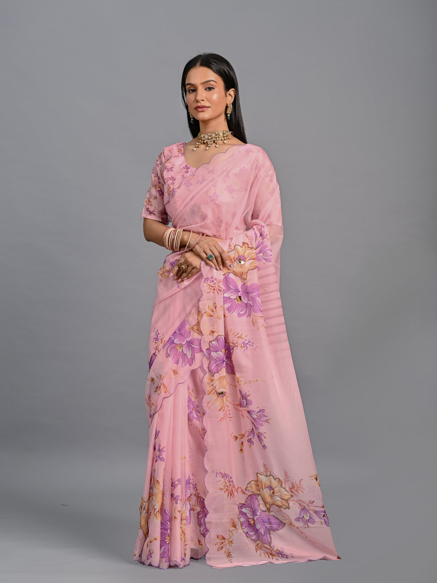 Floral Teby Organza Saree with Sequin-Embellished Scalloped Borders