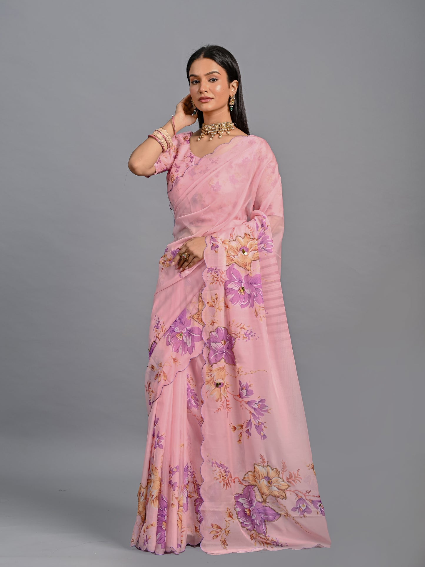 Floral Teby Organza Saree with Sequin-Embellished Scalloped Borders
