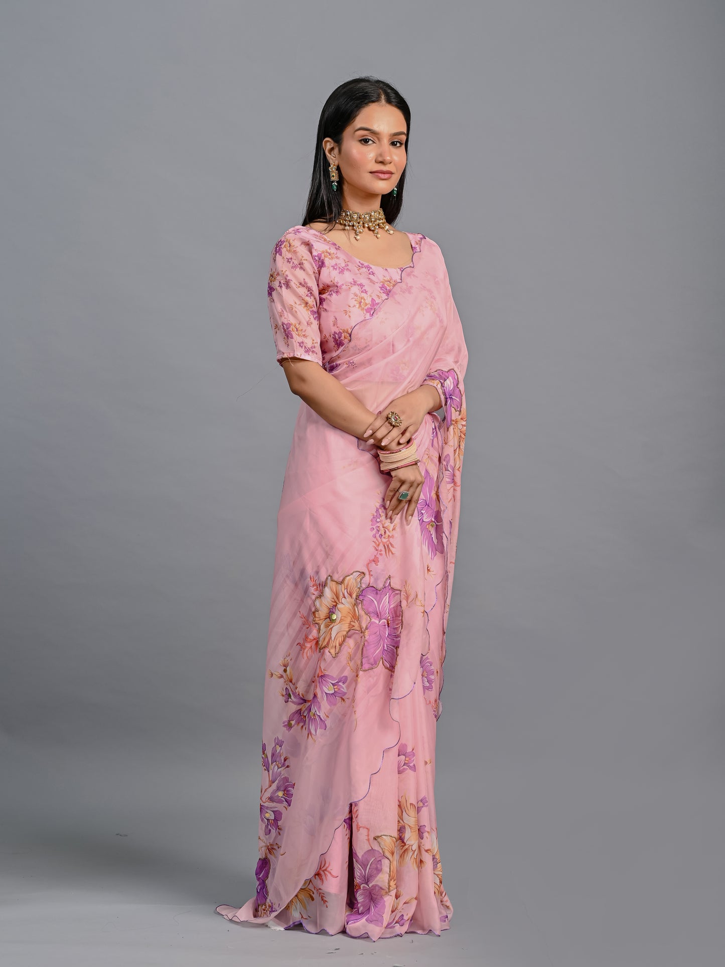 Floral Teby Organza Saree with Sequin-Embellished Scalloped Borders