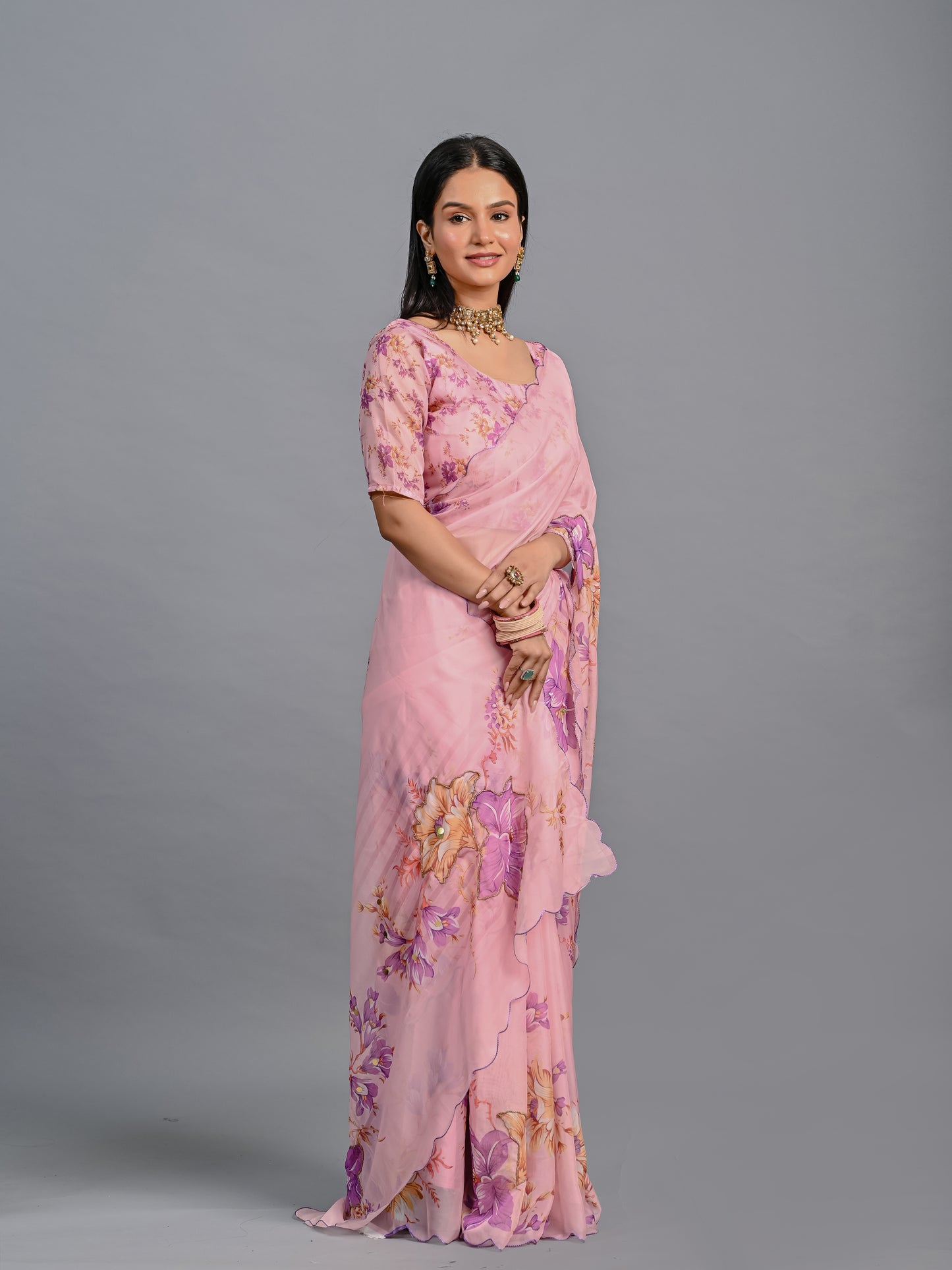 Floral Teby Organza Saree with Sequin-Embellished Scalloped Borders
