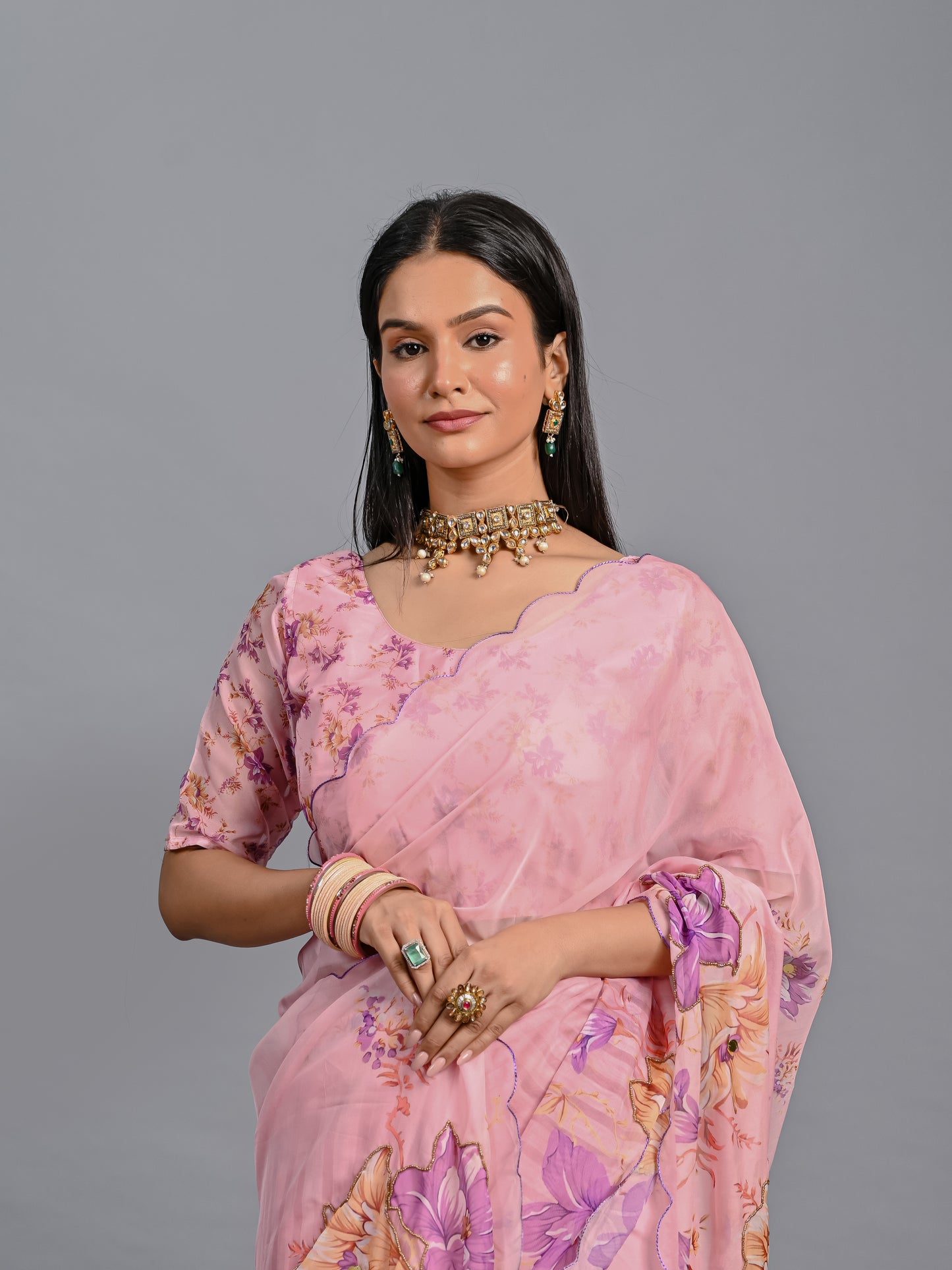 Floral Teby Organza Saree with Sequin-Embellished Scalloped Borders
