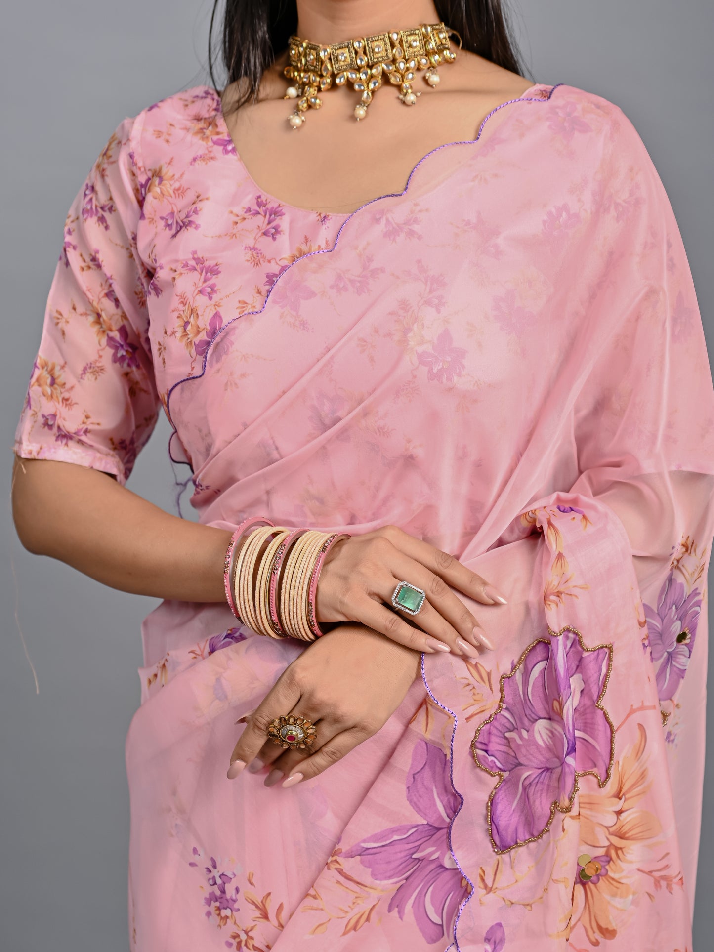 Floral Teby Organza Saree with Sequin-Embellished Scalloped Borders