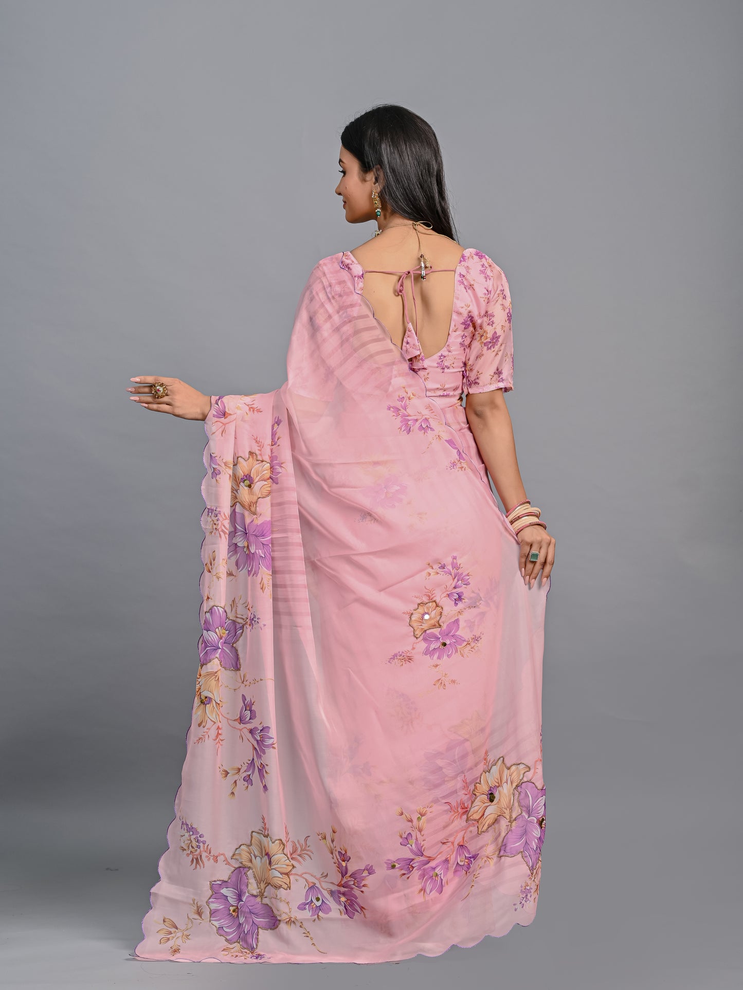 Floral Teby Organza Saree with Sequin-Embellished Scalloped Borders