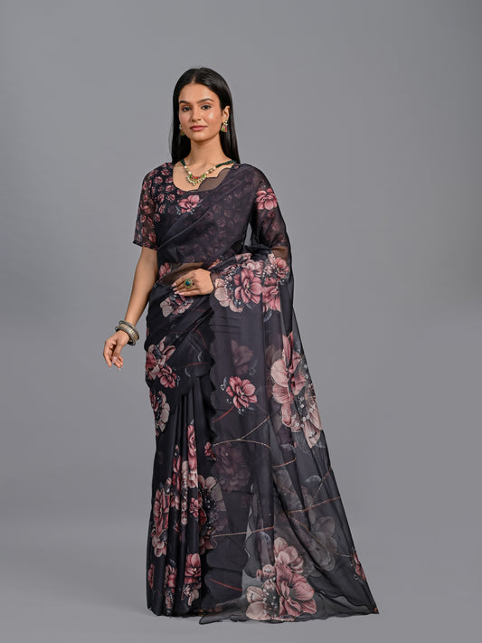 Midnight Charcoal Floral Teby Organza Saree with Hand-Beaded Accents