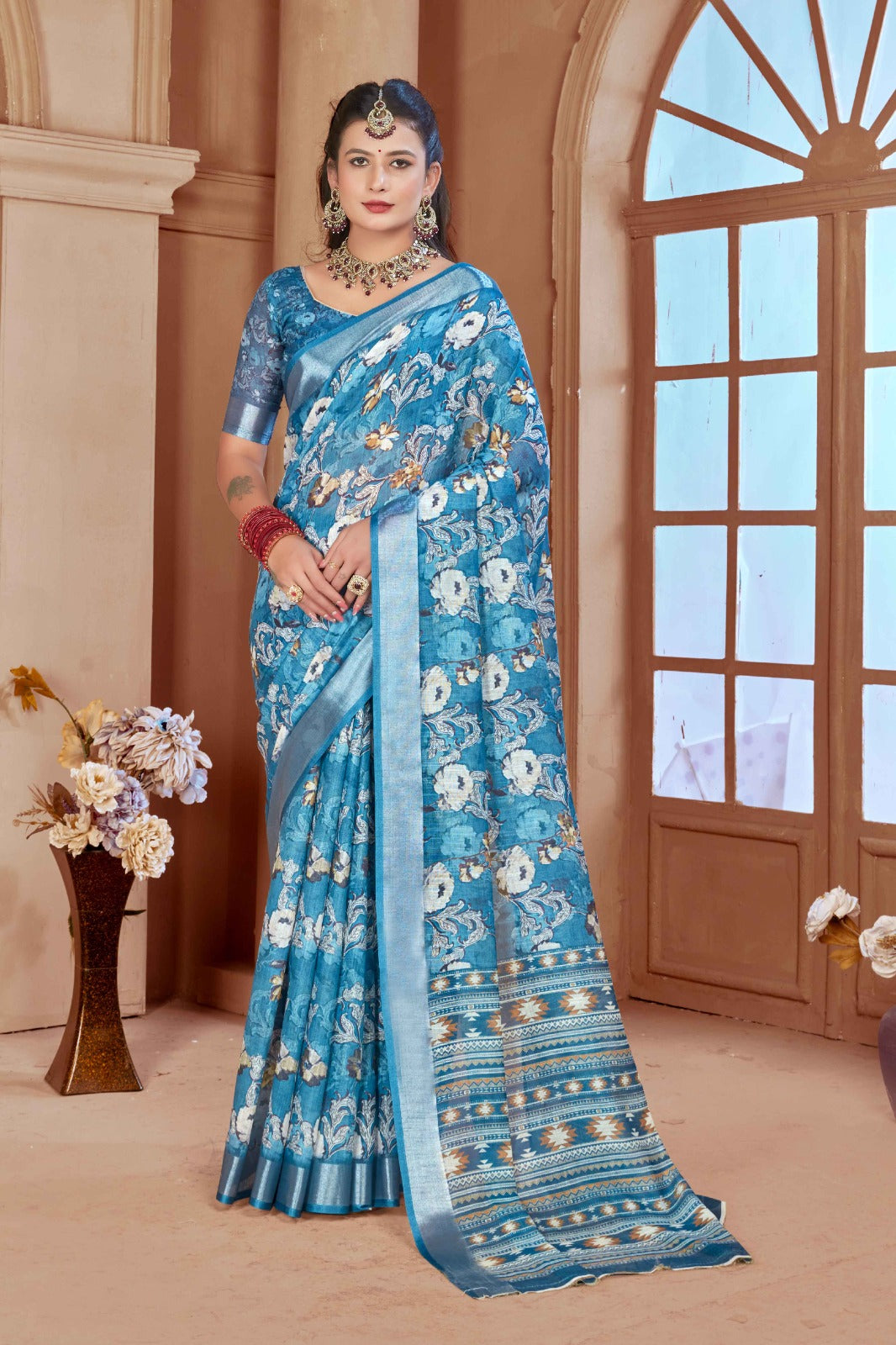 Pastel Blue Cotton Linen Saree with Digital Floral Print