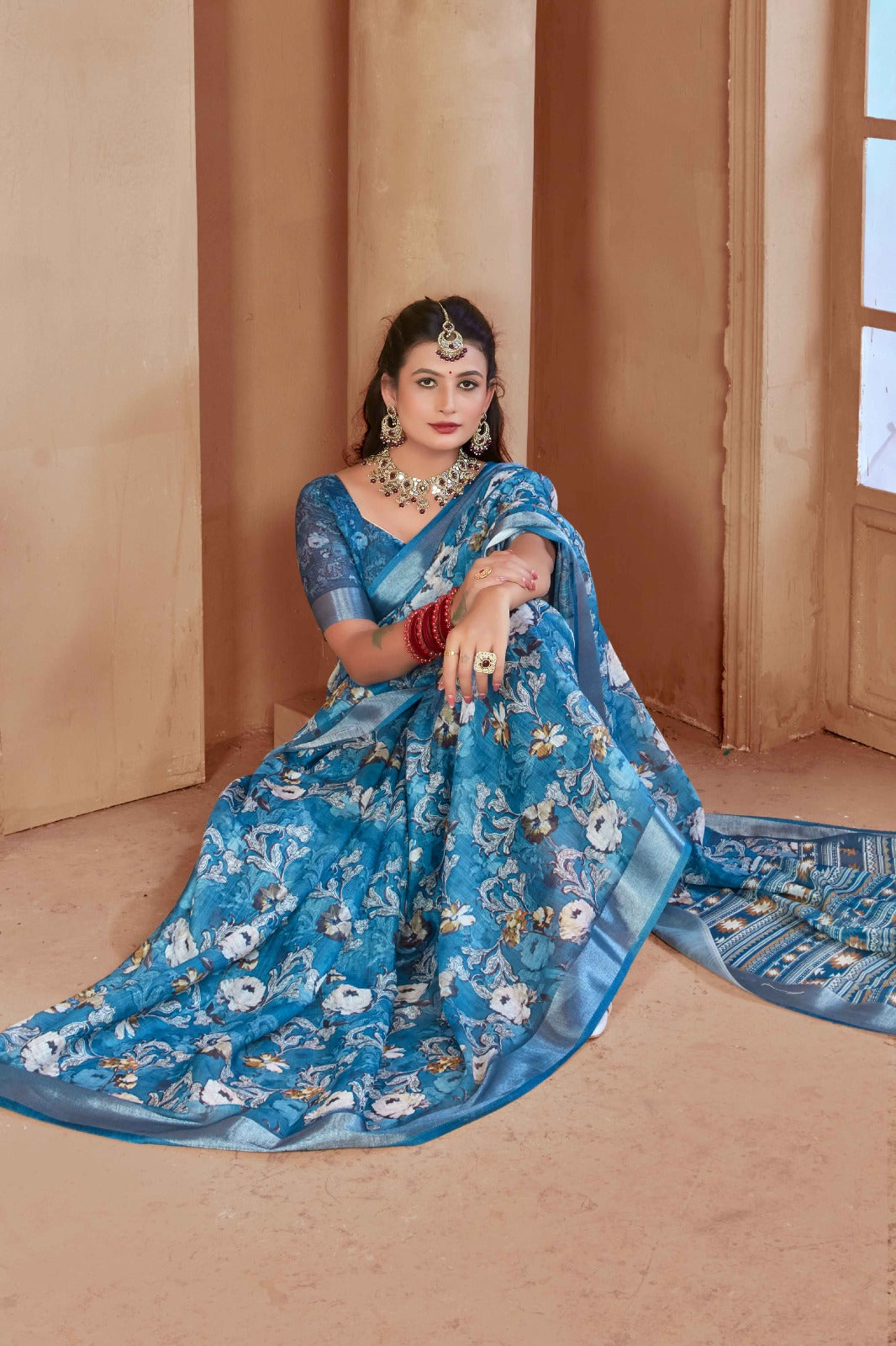 Pastel Blue Cotton Linen Saree with Digital Floral Print