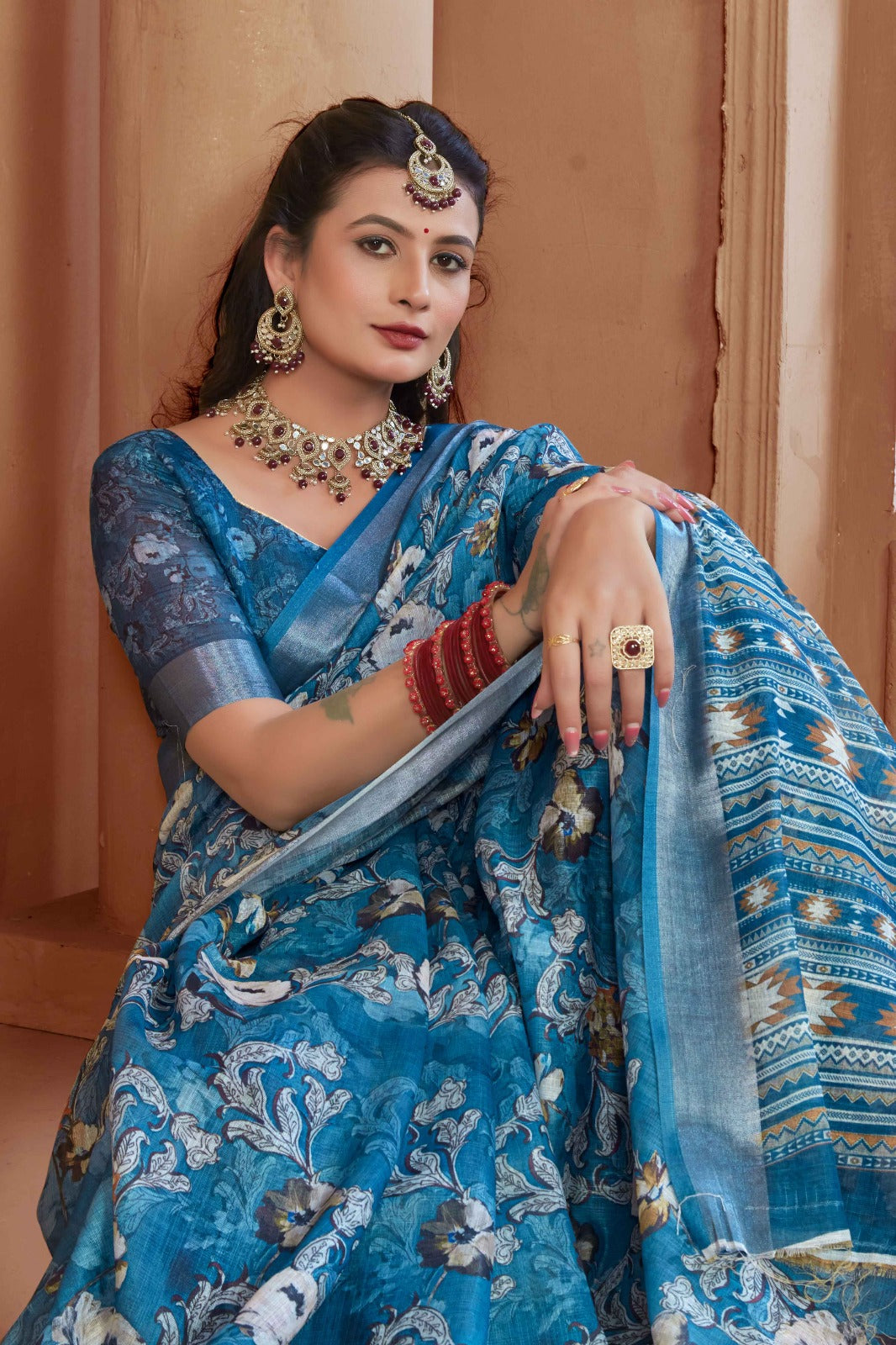 Pastel Blue Cotton Linen Saree with Digital Floral Print