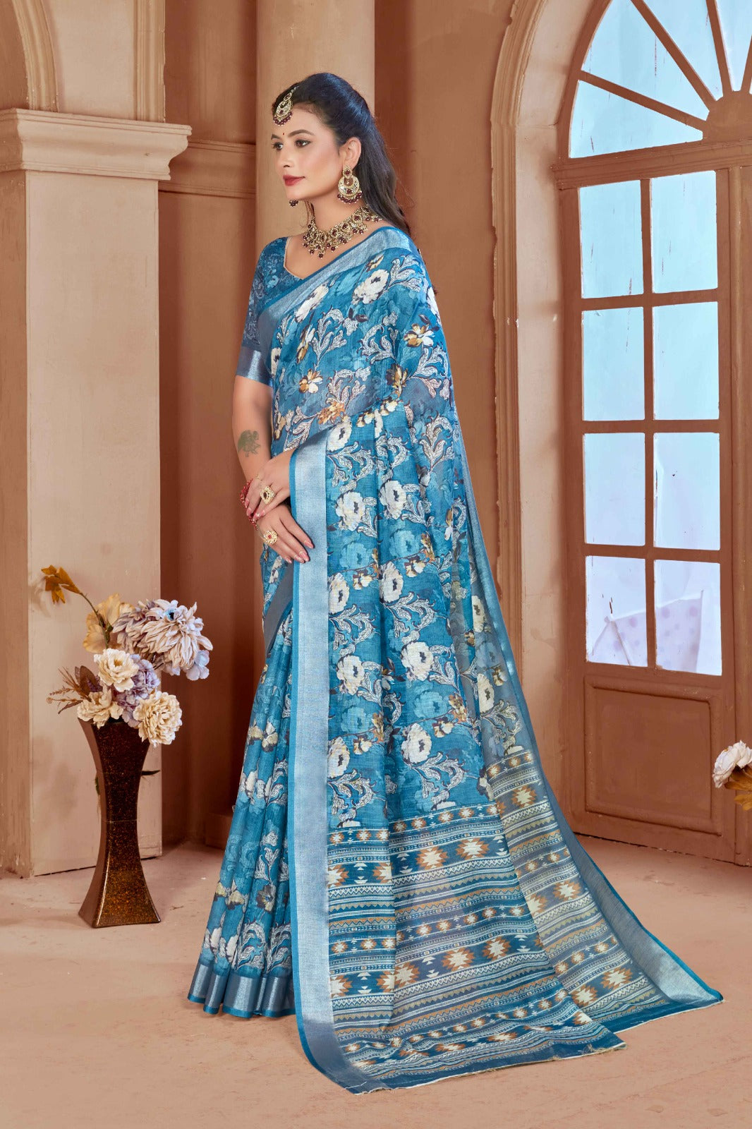 Pastel Blue Cotton Linen Saree with Digital Floral Print
