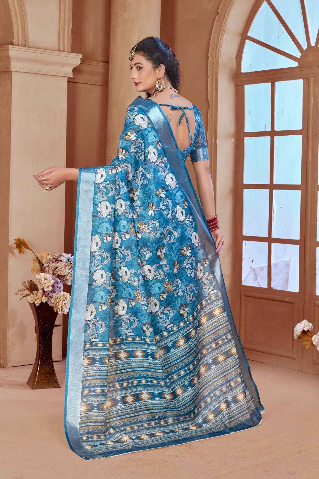 Pastel Blue Cotton Linen Saree with Digital Floral Print
