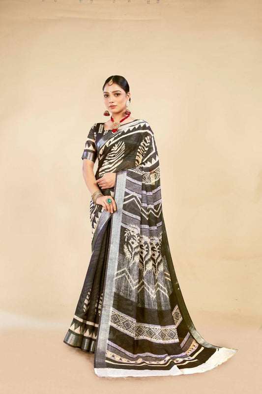 Mehndi Green Cotton Linen Saree with Digital Floral Print