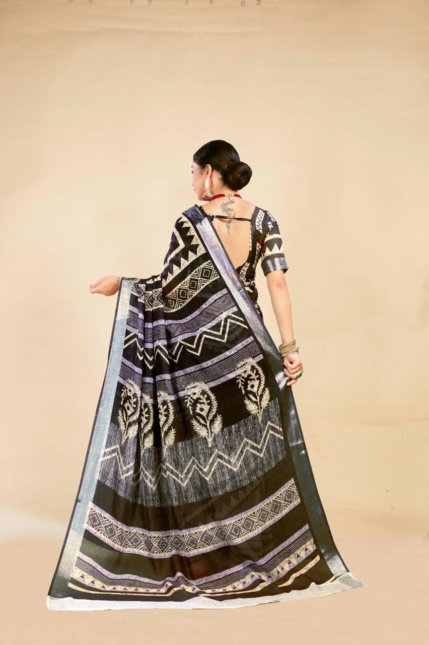 Mehndi Green Cotton Linen Saree with Digital Floral Print
