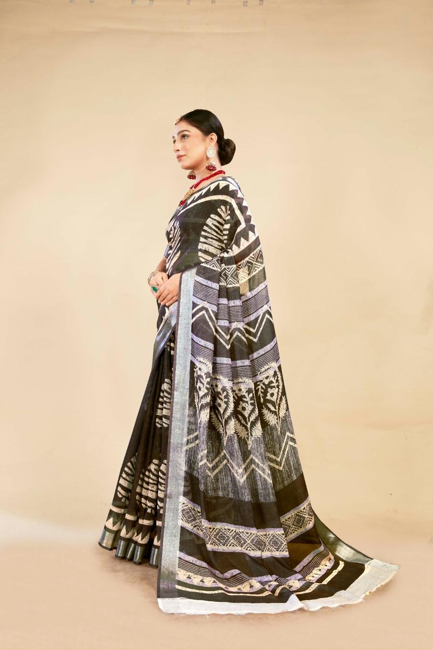 Mehndi Green Cotton Linen Saree with Digital Floral Print