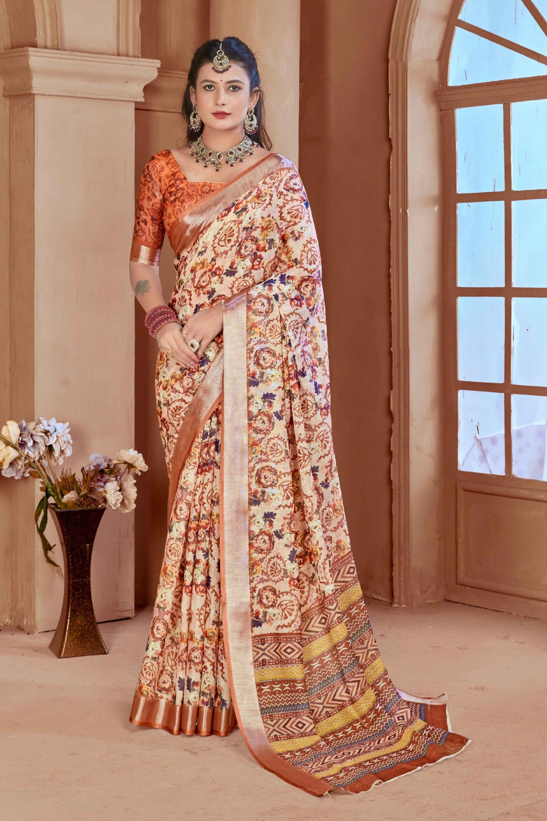 Caramel Cotton Linen Saree with Digital Floral Print
