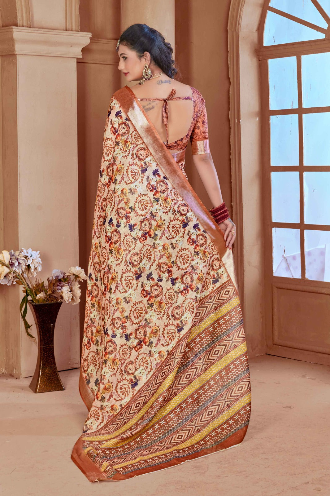 Caramel Cotton Linen Saree with Digital Floral Print