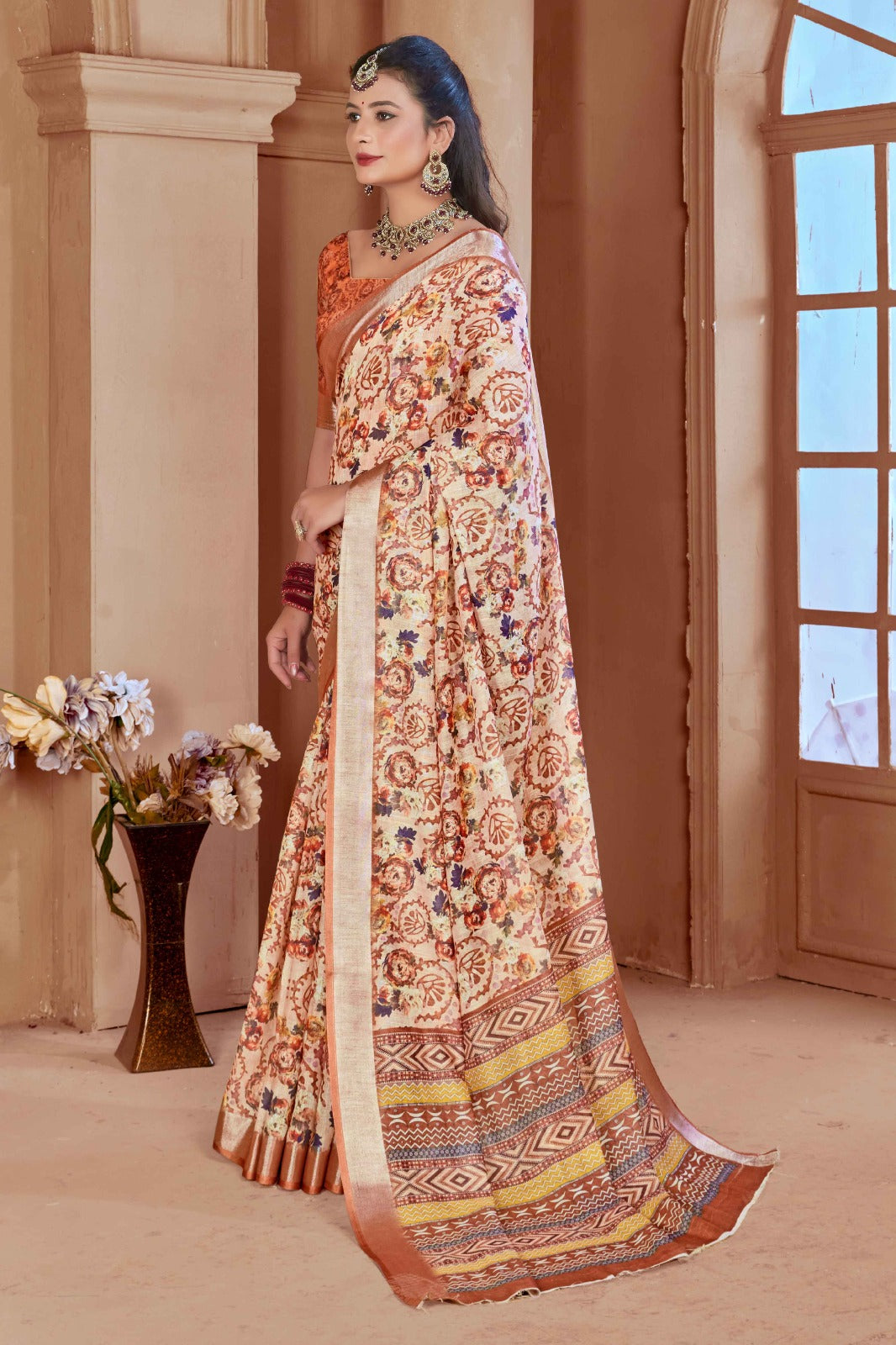Caramel Cotton Linen Saree with Digital Floral Print