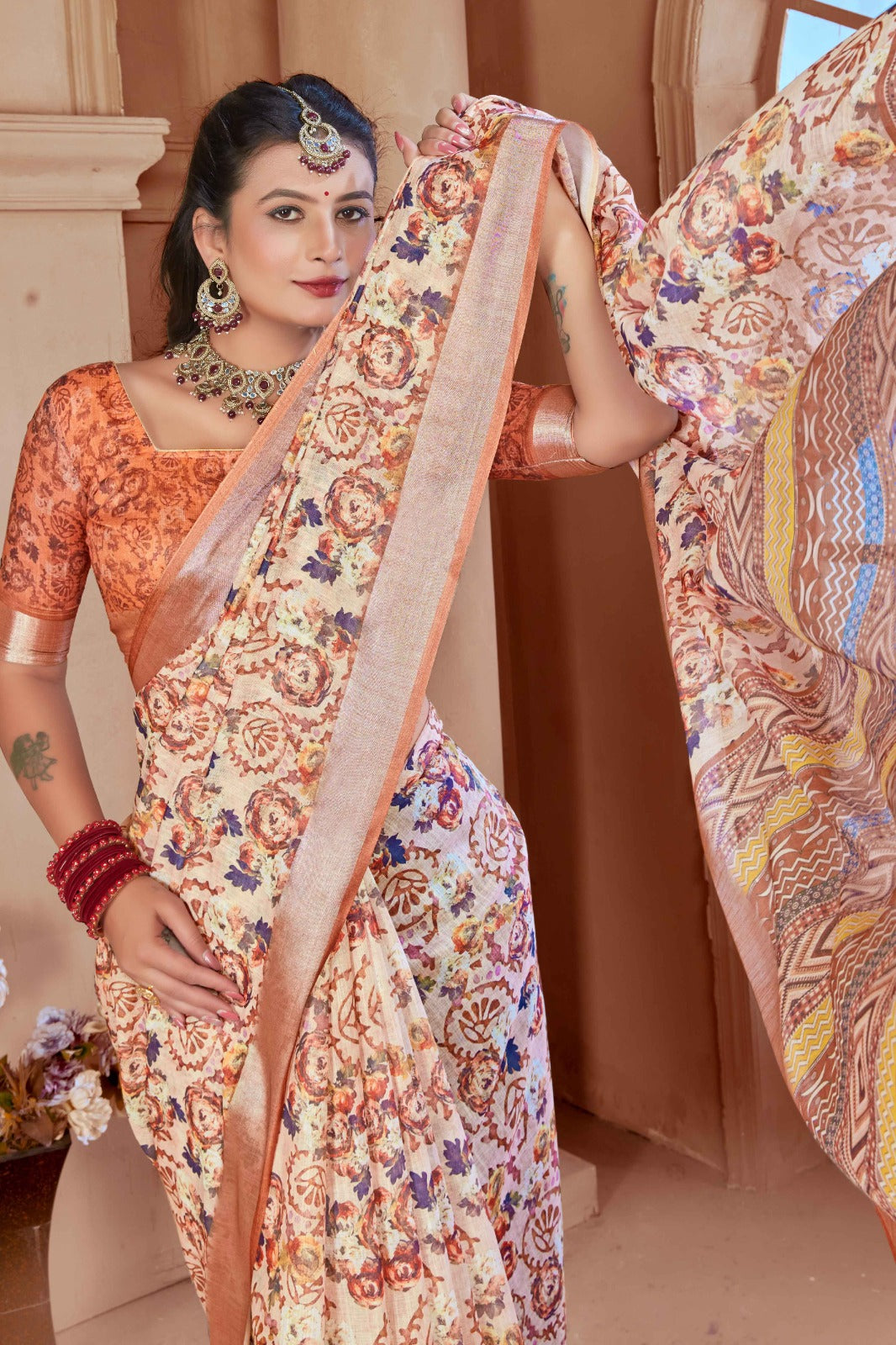 Caramel Cotton Linen Saree with Digital Floral Print