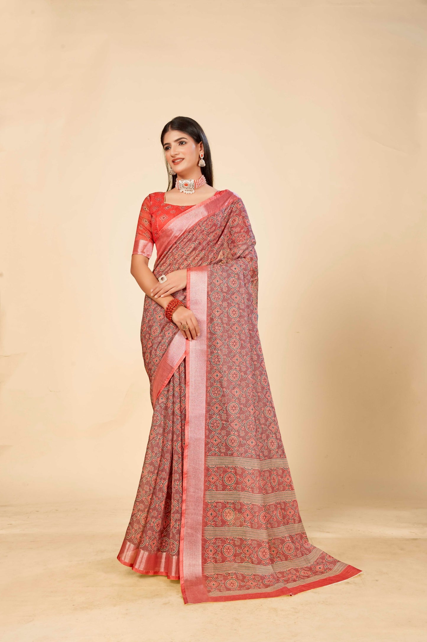 Light Brown Cotton Linen Saree with Digital Traditional Print