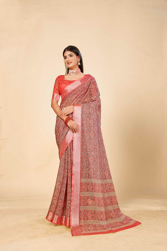 Light Brown Cotton Linen Saree with Digital Traditional Print