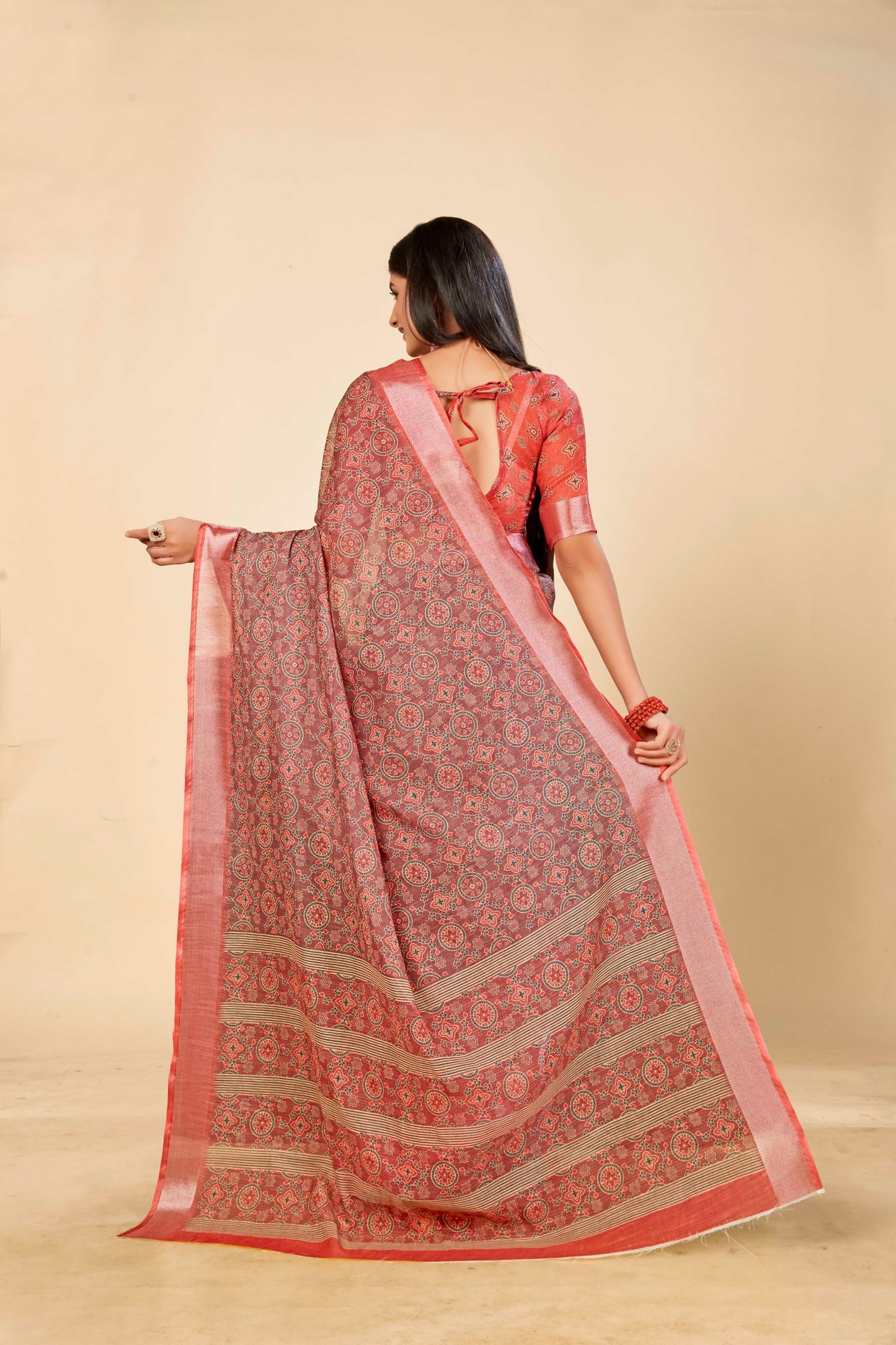 Light Brown Cotton Linen Saree with Digital Traditional Print