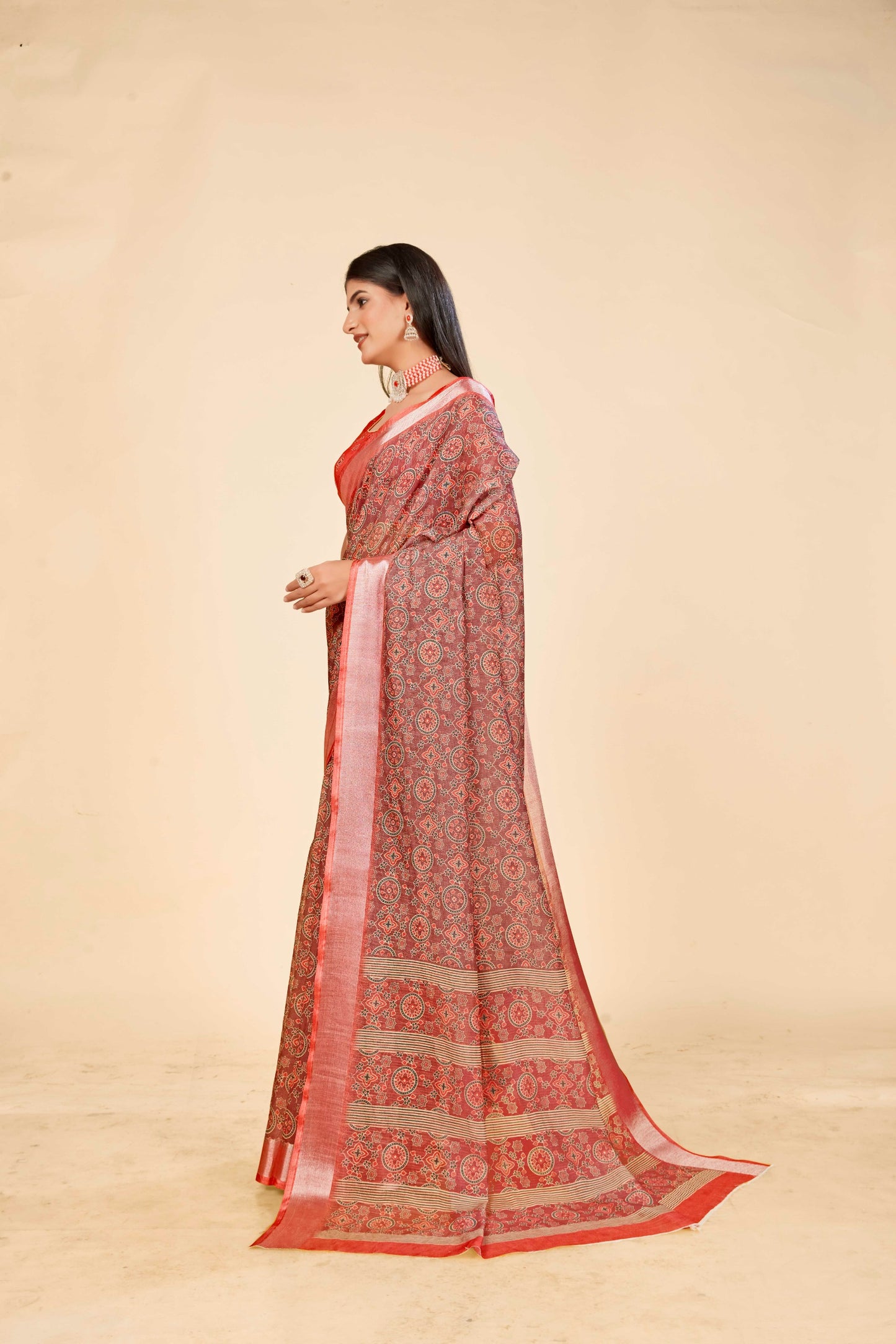 Light Brown Cotton Linen Saree with Digital Traditional Print