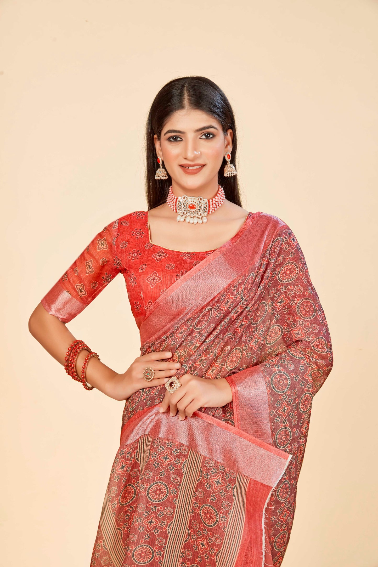 Light Brown Cotton Linen Saree with Digital Traditional Print