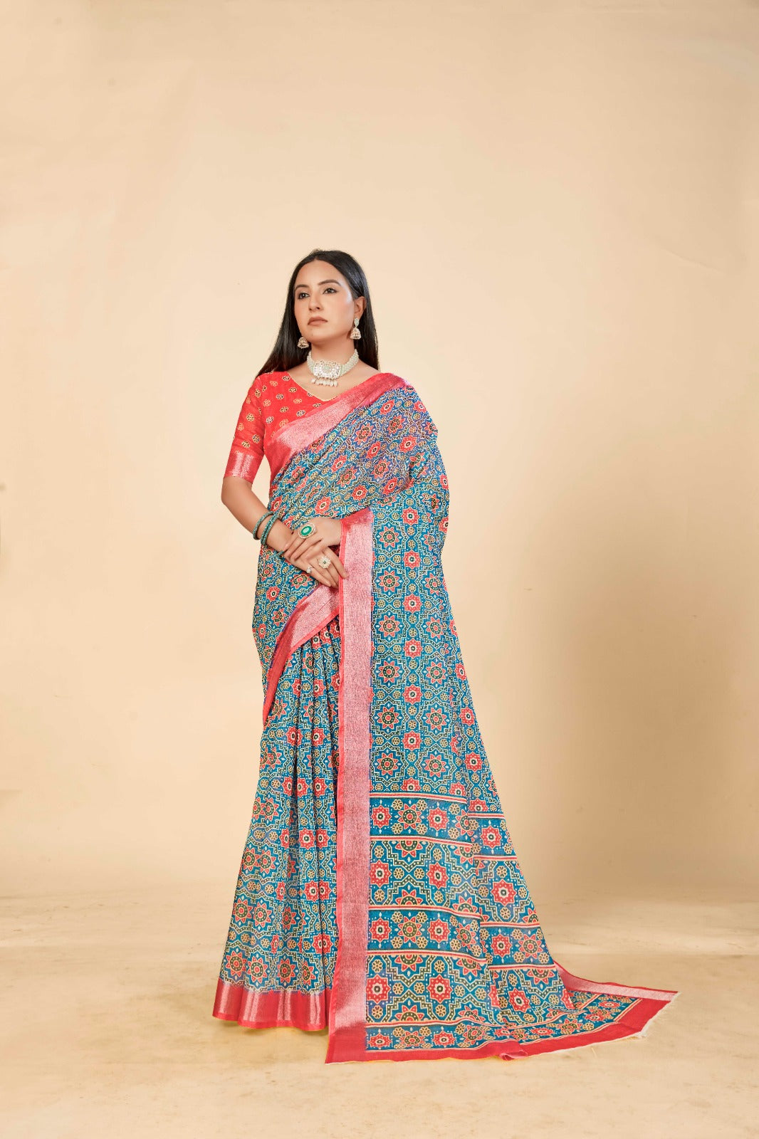 Pink Blue Cotton Linen Saree with Digital Traditional Print