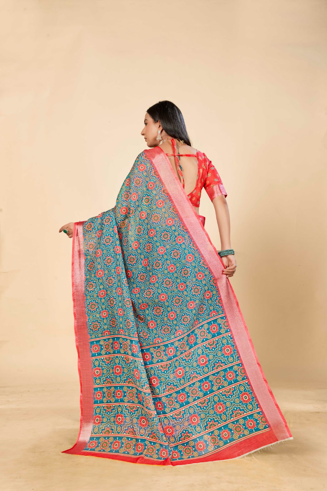 Pink Blue Cotton Linen Saree with Digital Traditional Print