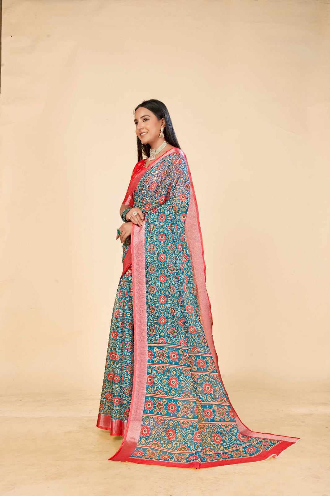 Pink Blue Cotton Linen Saree with Digital Traditional Print