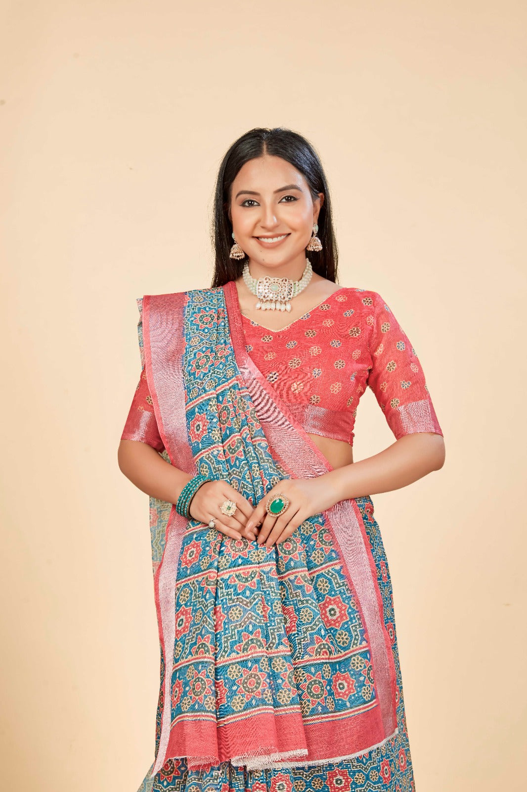 Pink Blue Cotton Linen Saree with Digital Traditional Print