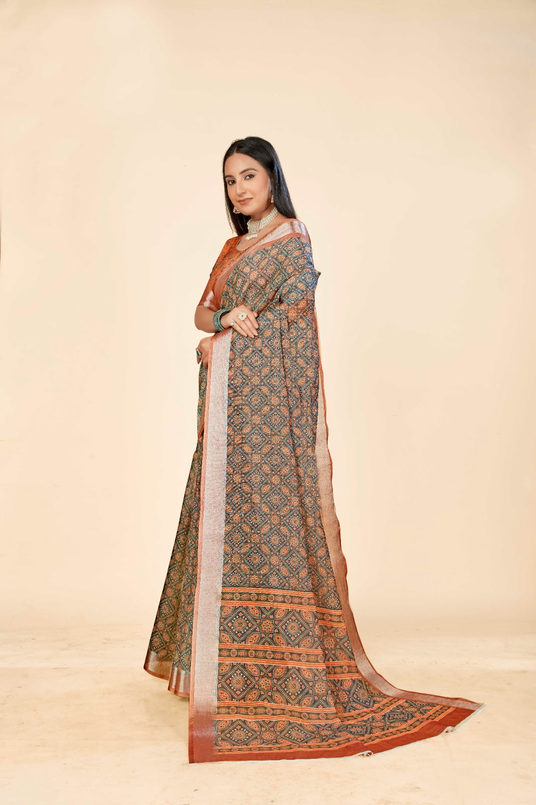 Elegant Orange Mix Cotton Linen Saree with Digital Print Design