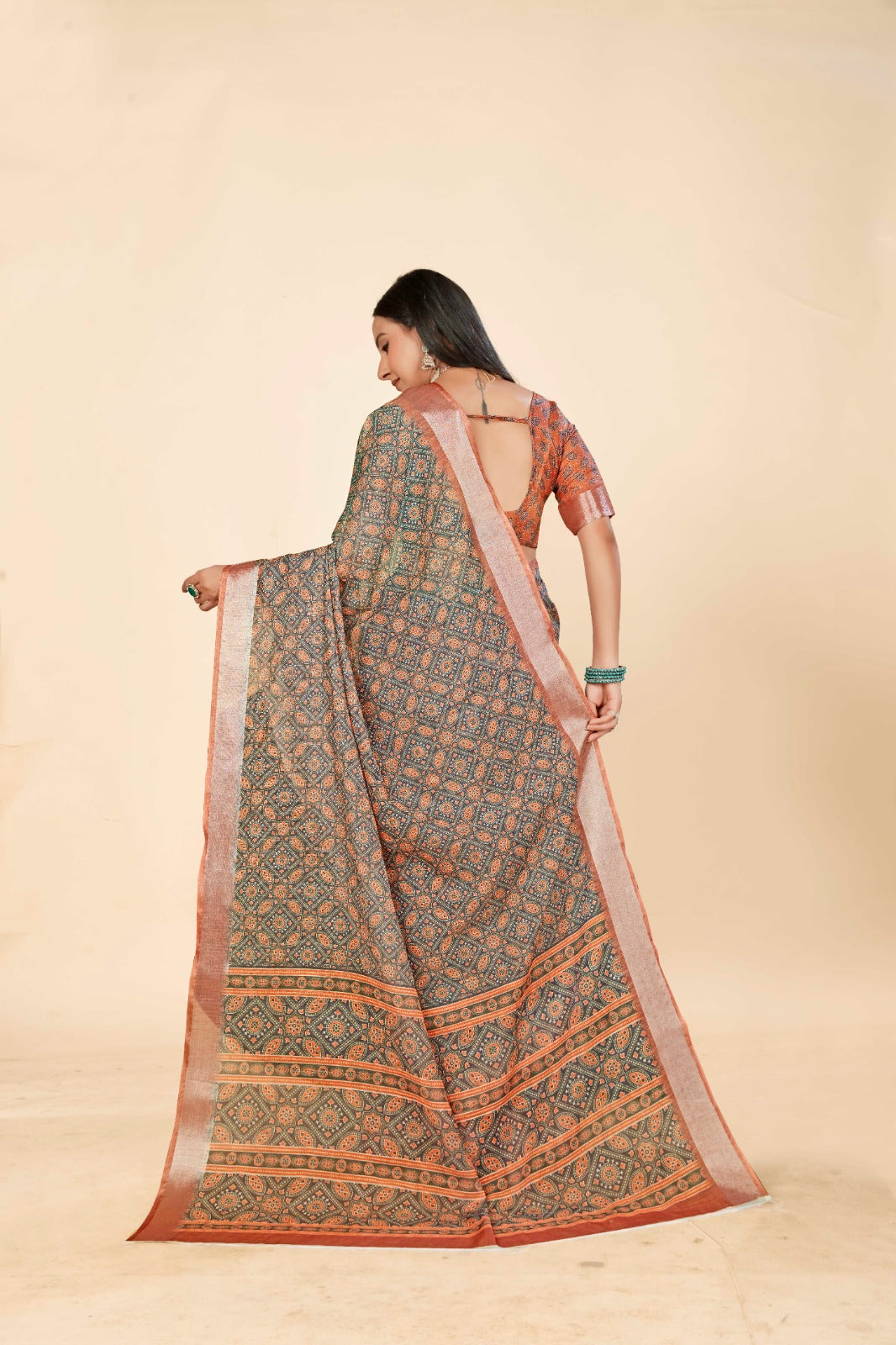 Elegant Orange Mix Cotton Linen Saree with Digital Print Design