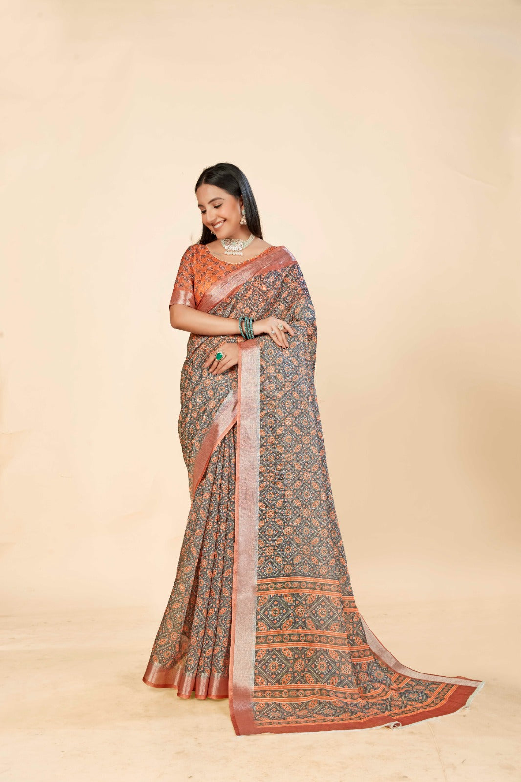 Elegant Orange Mix Cotton Linen Saree with Digital Print Design
